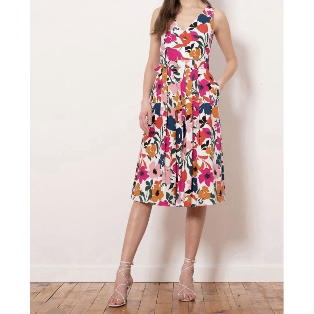 Donna Morgan Women's Multicolor Floral Pleated Midi Dress Sleeveless, Size 12